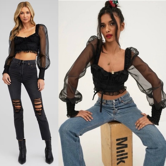 NEW LOVE & LEMONS Organza Puff Long Sleeve Ruffle Sweetheart Neck Crop Top XS - Picture 10 of 16